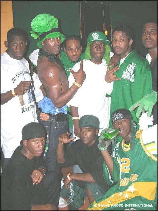 A set of gang members with green color clothing
