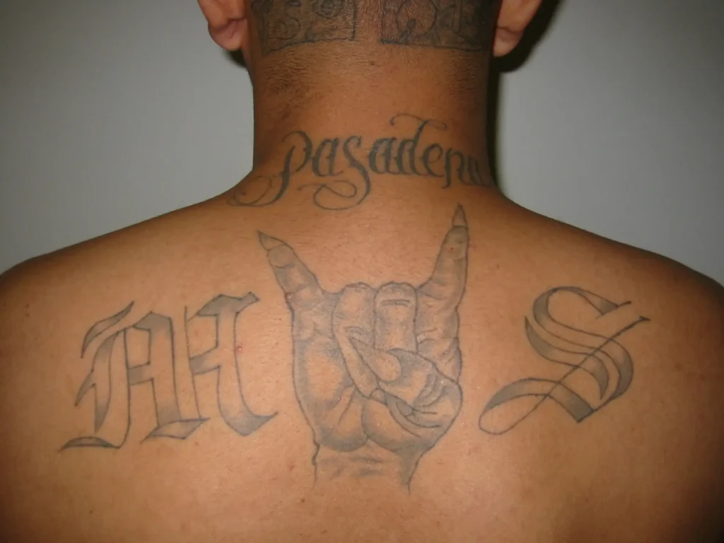 Devil horns sign and "MS" letters tattoos on back